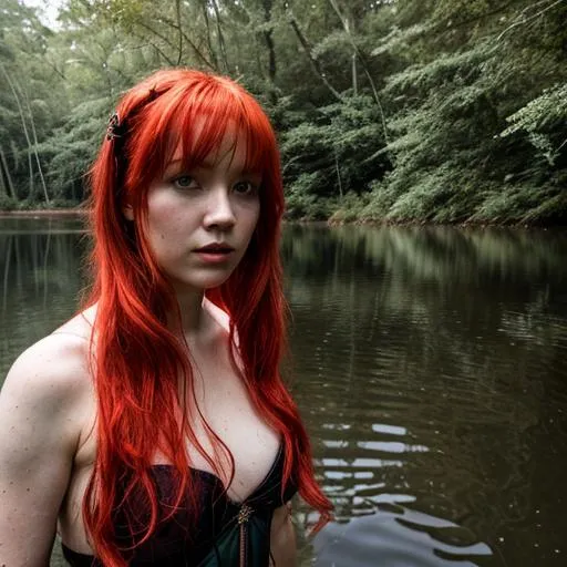 Prompt: Lady of the lake with red hair. Main color are green and blue. She is in the middle of the swamp and the environmet is composed by trees and shadows. Myst on the background. Hyperrealistic and ultradetailed 