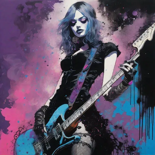 Prompt: Portrait of an gothic beautiful guitarist girl playing an electric guitar art by Rene Gruau, Conrad Roset, john blanche, kent morkman, Chris Bachalo, Benedick Bana, William burroughs, calligraphy smoke inking, dripping metallic crossed black, Pink, purple blue and metallic silver paint, Intricate portrait of ornate gothloli in ragged punk fashion, futuristic tattered rags, stylized fantasy art by wlop, artgerm, peter mohrbacher, bloodborne concept art, kentaro miura, kevin oneill, frazetta, trending on artstation, Masaaki asamoto beksinski frank miller lee bermejo Marc Simonetti egon schiele Joaquín Sorolla Simon Stalenhagmat brown  Matti Suuronen Jeffrey Larson druillet Tom Thomson Ross Tran James Turrell Van Gogh frazetta Rembrandt Louis Wain