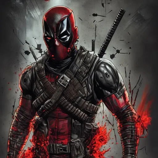 Prompt: Redesigned dark gritty, mostly black with dark red military commando-trained villain deadpool and homelander fusion. Bloody. Hurt. Damaged mask. Accurate. realistic. evil eyes. Slow exposure. Detailed. Dirty. Dark and gritty. Post-apocalyptic Neo Tokyo with fire and smoke .Futuristic. Shadows. Sinister. Armed. Fanatic. Intense. 