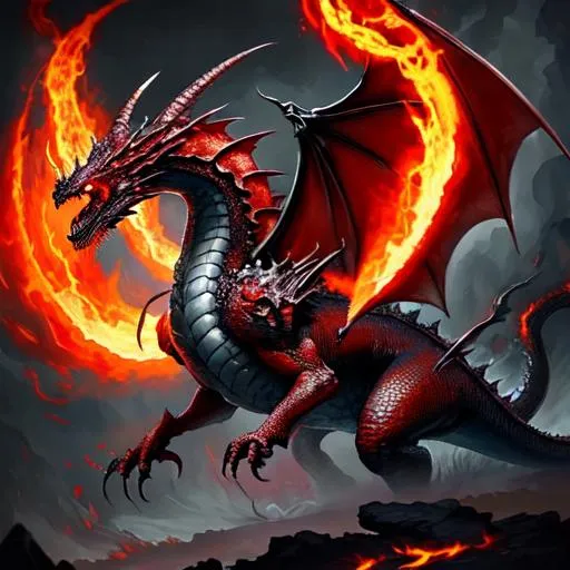 Prompt: final boss dragon with 2 red eyes and flame breath, 2 wings, hard scales, hyper realistic, elden ring style
