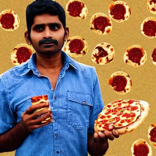 Prompt: Indian man eats a pizza off the ground 