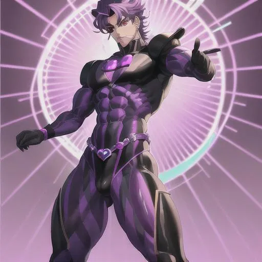 Prompt: a professional anime painting of  a "stand" from "JoJo's Bizarre Adventure" style.
full body standing character. jojo pose.
detailed face, detailed eyes. realistic face, realistic eyes.
humanoid "Stand" male, tall and very muscular.
skin color is matte black and covered with diagonal grid pattern of thin purple lines.
wears armor belt.
wears circular, oval, and heart-shape armor plates.
armor plates in alternating colors of: light blue, light purple, pastel yellow and pastel pink.
highly detailed, intricate detailed,
pastel light blue background 
by Hirohiko Araki.