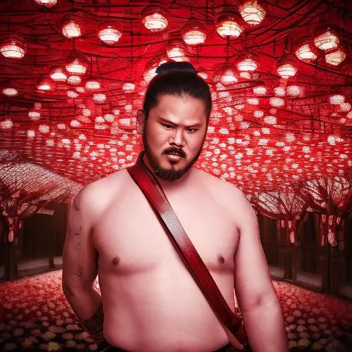 Prompt: "Large Male Samurai In Blood Red Armor Holding Tetsubo!!!", standing in a Japanese temple, cherry blossom petals falling, illuminated lanterns, glowing sunrise, tranquil lighting, ethereal lighting, delicate shadows, (beautiful detailed eyes, symmetrical eyes), dramatic lighting, (photorealism:1.5), (photorealistic:1.4), (8k, RAW photo, masterpiece), High detail RAW color photo, a professional photo, realistic, (highest quality), (best shadow), (best illustration), ultra high resolution, highly detailed CG unified 8K wallpapers, physics-based rendering, photo, realistic, realism, high contrast, hyperrealism, photography, f1.6 lens, rich colors, hyper-realistic lifelike texture, cinestill 800)