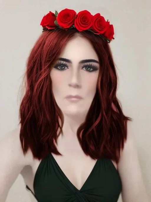 Prompt: add a flower crown to the womans head with red roses