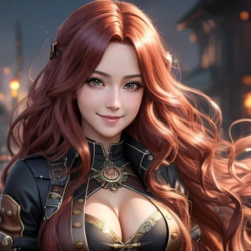 Prompt: extremely realistic, hyperdetailed, steampunk theme, extremely long red wavy hair anime girl, blushing, smiling happily, wears steampunk clothing, toned body, showing abs midriff, highly detailed face, highly detailed eyes, full body, whole body visible, full character visible, soft lighting, high definition, ultra realistic, 2D drawing, 8K, digital art
