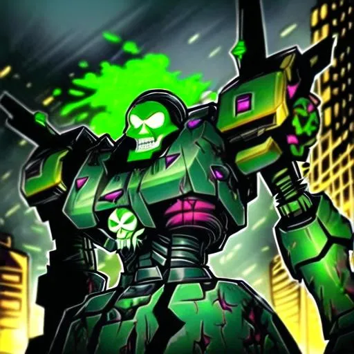 Prompt: a battle robot with a green skull,vibrant green acid dripping,post apocalyptic city,cyberpunk,green clothes,cool,epic,,battle damaged,war torn