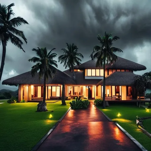 Prompt: a peaceful day at a island house villa futuristic beautiful dark weather rainy and windy with palm trees all around