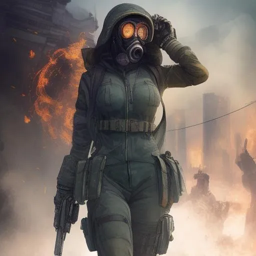 Prompt: Beautiful female angel, trees, nuclear winter, burning objects, guns, gas mask, lots of color, cyberpunk