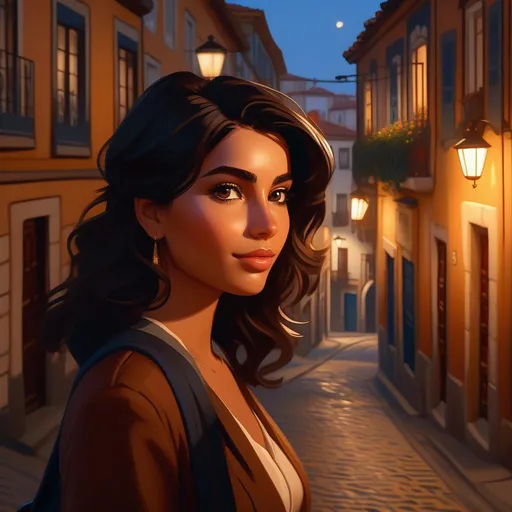 Prompt: Third person, gameplay, Portuguese girl, olive skin, brown hair, brown eyes, 2020s, Porto at night, warm atmosphere, cartoony style, extremely detailed painting by Greg Rutkowski and by Henry Justice Ford and by Steve Henderson 