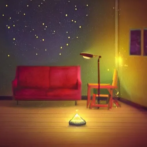 Prompt: A desolate room filled with colorful warm lights and a child with a glow stick sitting on a couch inside the room with fireflies on a starry night