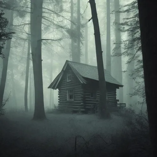 Prompt: A creepy forest with mist, an old cabin and shadows roaming