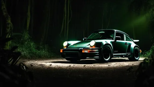 Prompt: a dark forest green Porsche 930 Turbo in a dark jungle at night with headlights on, photo from the front and car in the middle, ultra realistic car, 4k quality