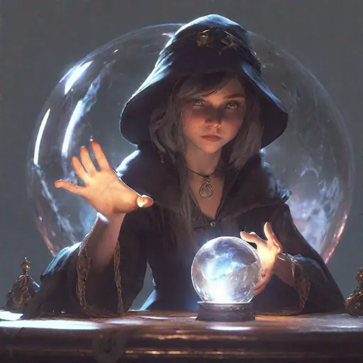 Prompt: young witch girl, touching a fractured crystal ball, dark room, light emanating from crystal ball, concept art, epic lighting, finely-tuned, octane rendering