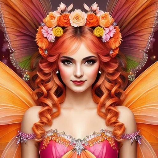Prompt:  fairy goddess, orange and pink colors, closeup