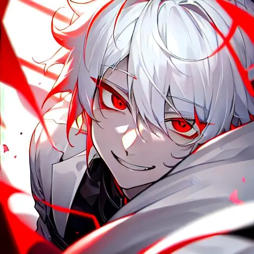 Prompt: Male (short pure white hair) 8k, UHD, smiling, red eyes