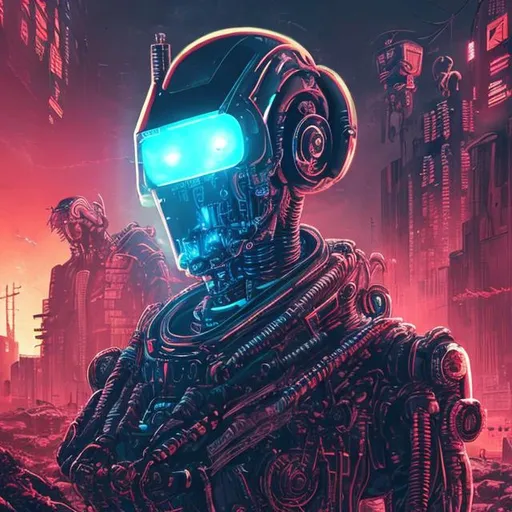 Prompt: robot, 8K quality, blood, gore, cyber punk, retro-wave, drawn, space time continuum 
