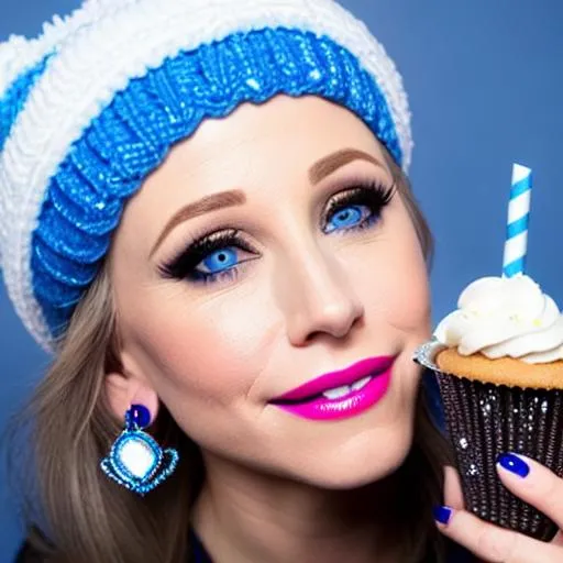 Prompt: Kellyanne conway, Kristen Bell, Kayleigh Mcenany eating frosty blue cake together, inside temple bakery,  blue lipstick, pleasant face, blue eyes, Black eyeshadow, Sugar Hat, extremely large ice cream earrings. Wide Blue heart necklaces, Cold color scheme, ultradetailed, 8k resolution, perfect, smooth, high quality, shiny. 