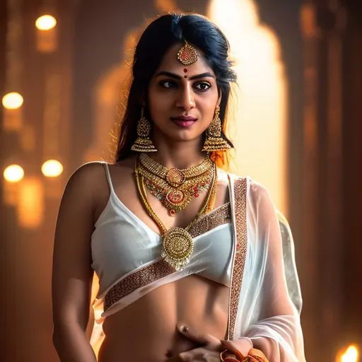 Prompt: Real picture in
 bright lighting, a hot woman  standing, full body 
, bare back, transparent wet white saree, bindi and bangles and mangalsutra, zoomed out, full body, detailed facial expression, inviting look, sexual tension, 
Deep cleavage. Straight and narrow Asian nose. Soft smile on face.