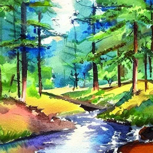 Prompt: water color,painted forest,beautiful,creek,