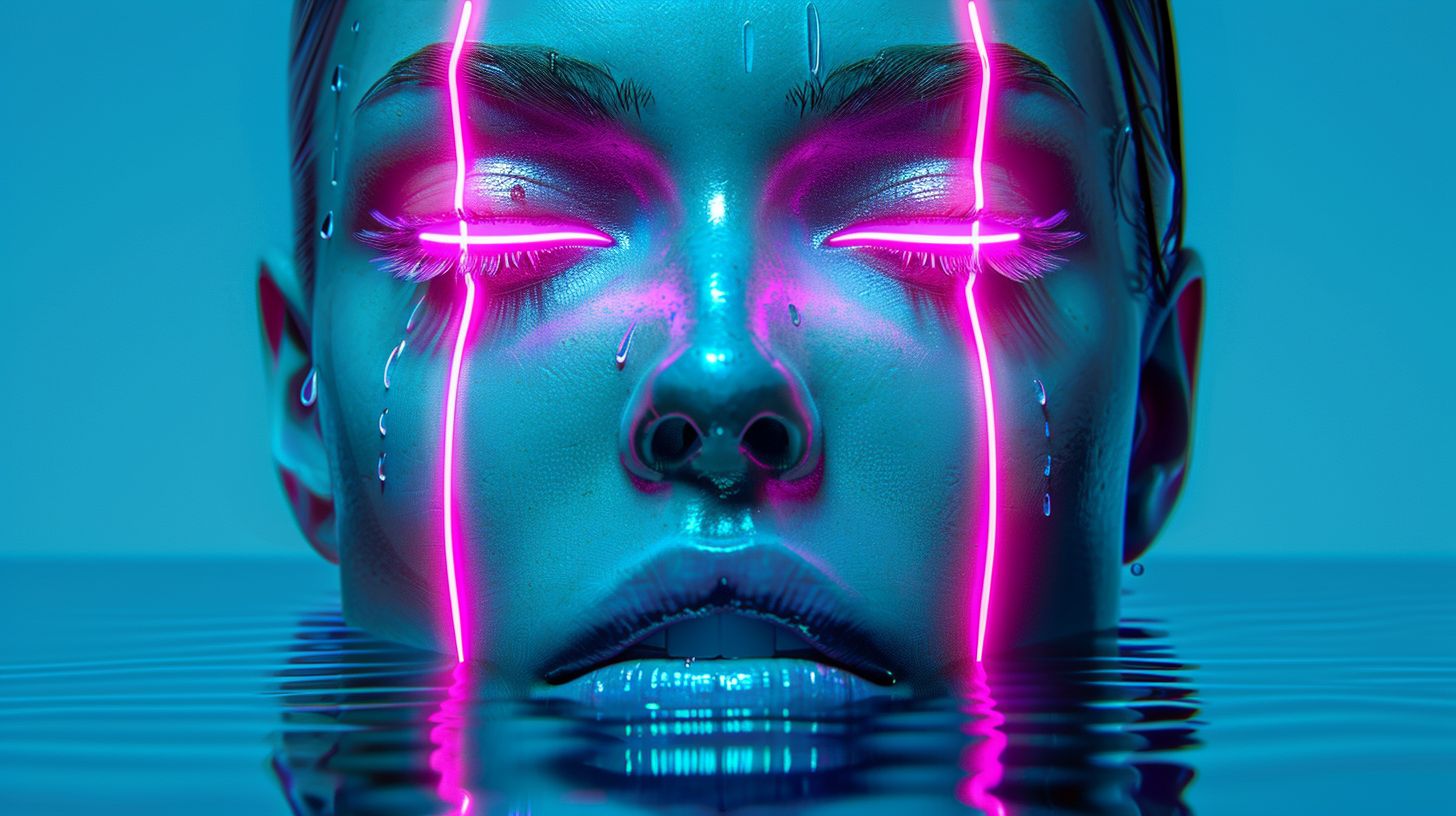 Prompt: sweden artist iriart digital portrait, in the style of futuristic psychedelia, vray tracing, fluid color combinations, hyper-detailed illustrations, luminous 3d objects, hyper-realistic water, neon color palette