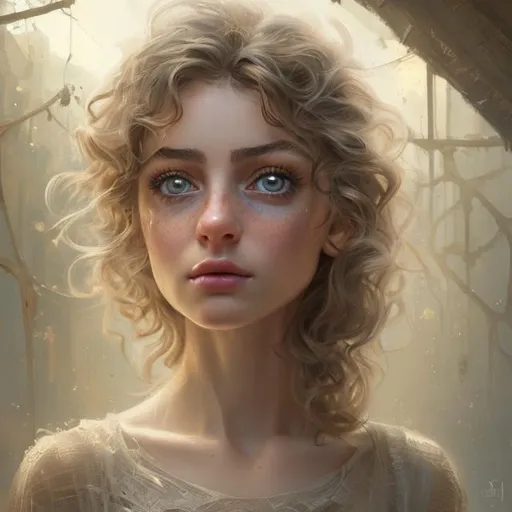 Prompt: {{{{highest quality concept art masterpiece}}}} digital drawing oil painting with {{visible textured brush strokes}}, Beautiful woman, photorealistic face, curl hair, digital painting, artstation, illustration, concept art, smooth, sharp focus, {{hyperrealistic intricate perfect golden white long hair}} and {{hyperrealistic perfect clear bright blue eyes}} soft skin and red blush cheeks and cute smile, epic fantasy, perfect anatomy in perfect composition approaching perfection, hyperrealistic intricate mirrored room in background, cinematic volumetric dramatic dramatic studio 3d glamour lighting, backlit backlight, 128k UHD HDR HD, professional long shot photography, unreal engine octane render trending on artstation, sharp focus, occlusion, centered, symmetry, ultimate, shadows, highlights, contrast