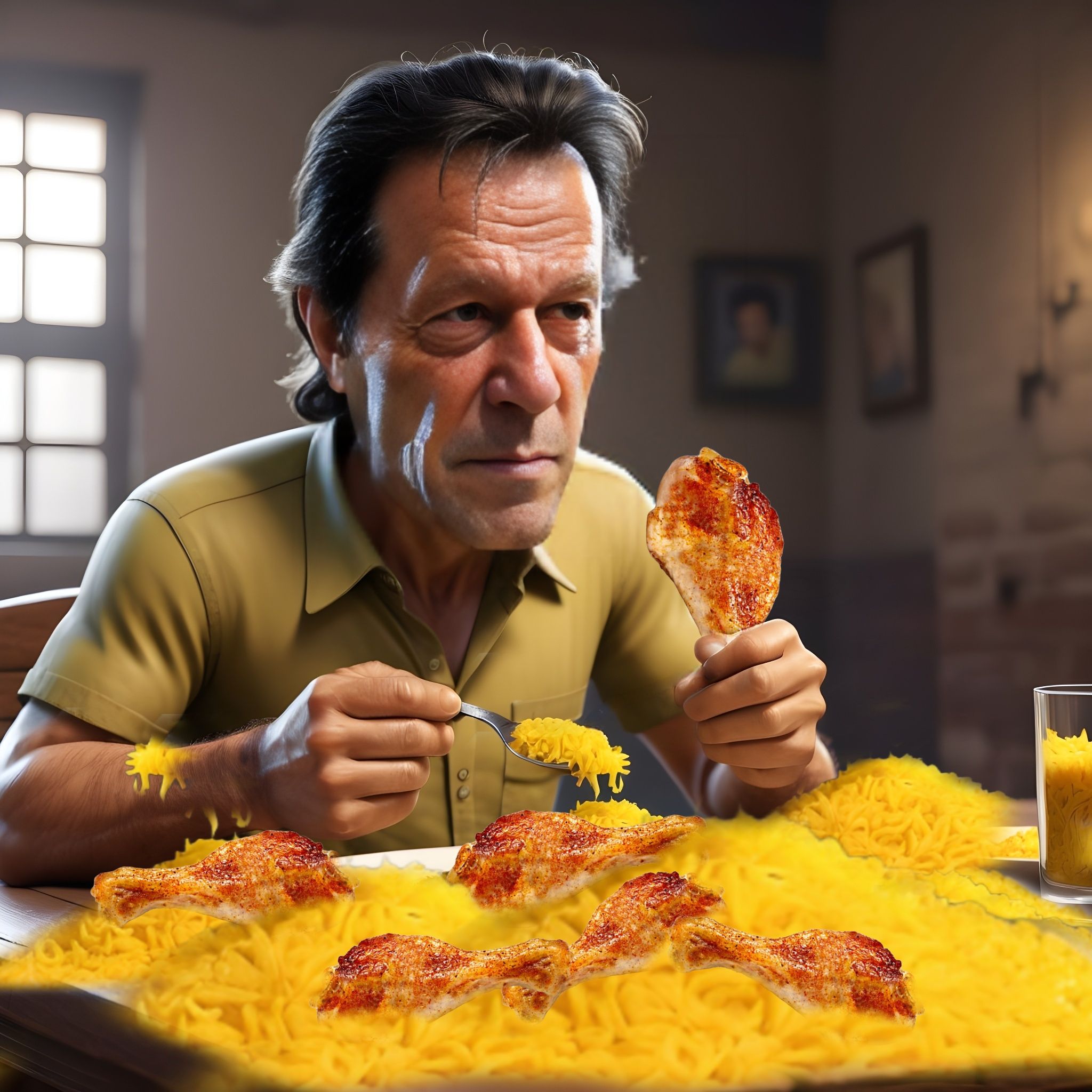 Prompt: A Cartoon Image of Imran Khan PTI Eating Biryani Ai Generated 