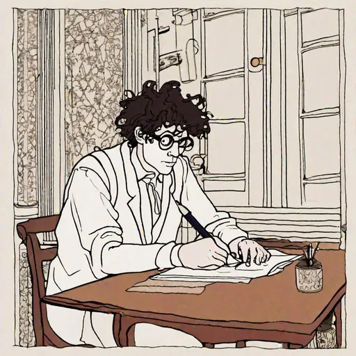 Prompt: color illustration of me writing my apology for existing in the style of egon shiele and aubrey beardsley