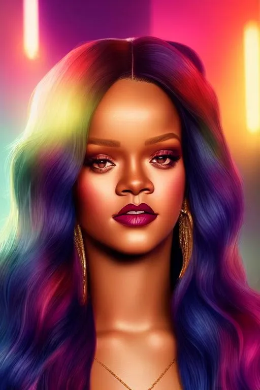 Prompt: portrait of {Rihanna} ultra sharp focus, satin smooth skin, soft lighting, disco setting, mysterious eyes and smile, high detail, 128k octane render, photorealistic digital painting by artgerm