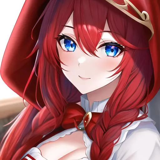 Prompt: Haley 1female (braided red hair pulled back, lively blue eyes), highly detailed face, 8K, UHD, wearing a red riding hood outfit