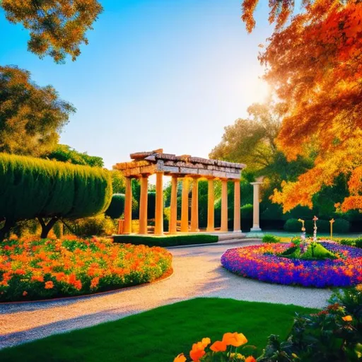 Prompt: A small garden of orange roses and blue morning glory flowers Lush, Trees. Greek columns, autumn vibes, clean, peaceful, blue sky. a unicorn in the background.