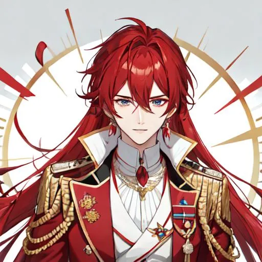 Prompt: Zerif 1male (Red side-swept hair covering his right eye) wearing a royal suit, white shawl, 