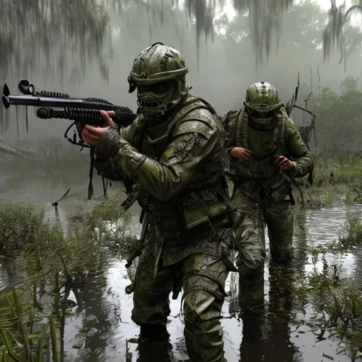 Prompt: swamp warfare, brutal combat, modern