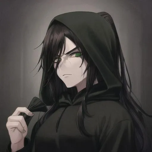 Prompt: draw a 30 year old, in a black hoodie, with long dark brown hair, and green eyes, gothic punk themed, in anime style, in a haunted house, ghost, apparition, yokai, male