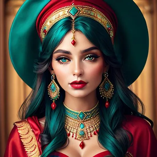 Prompt: Beautiful ethereal woman. color scheme of tuquoise and red., wearing turquoise and gold jewlry, wearing a red hat, facial closeup