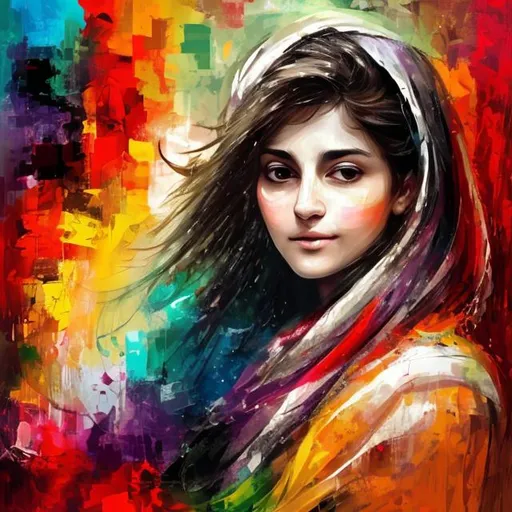 Prompt: A tired poor beautiful 28 years girl, sharp nose, soft skin, very attractive look, close her eyes so innocently, she wants to tell you something afghanistani girl , in high resolution color mixing in abstract art