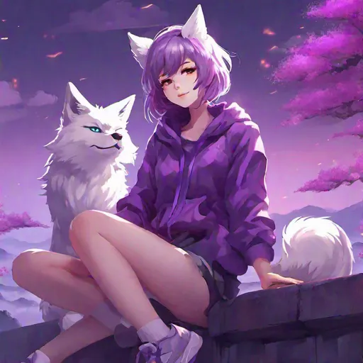 insane, cute anime girl with purple, short, wavy hai...