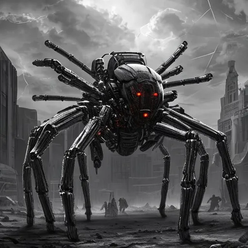 Prompt: giant humanoid cyborg spider, scifi, monochrome, gladiator