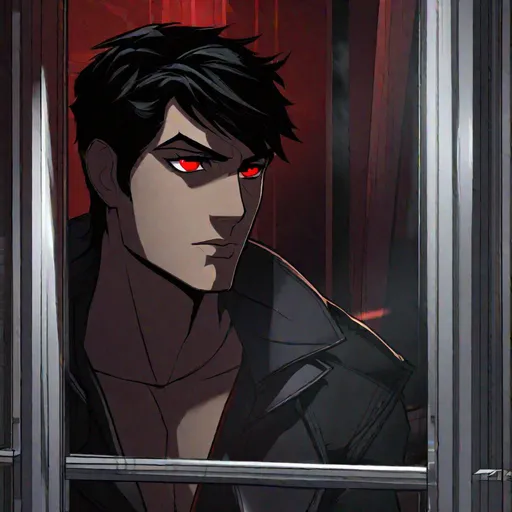 Prompt: Damien (male, short black hair, red eyes) staring out the window, stalking someone, with sadistic look on his face