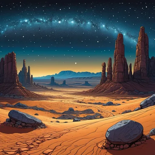 Prompt: A desert alien landscape with rocky ground and mesas to the left, in the style of Moebius, in the starry night