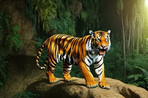 Prompt: Tiger in a jungle, roaring on the clif