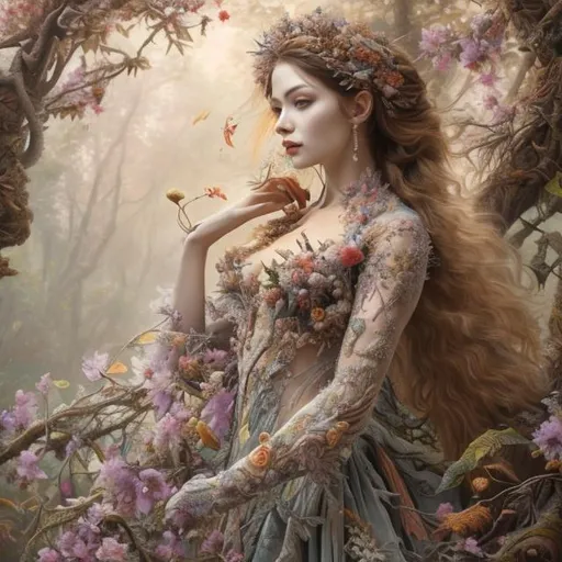 Prompt: Oil painting Queen of the forest and the body dressed by petals, intricate detailed, 8k resolution masterpiece, sharp focus detailed, sf, 