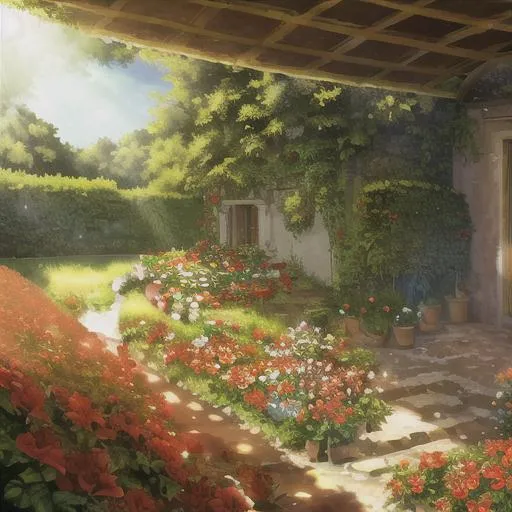 Prompt: red floral house in the toscana bathed with sun rays