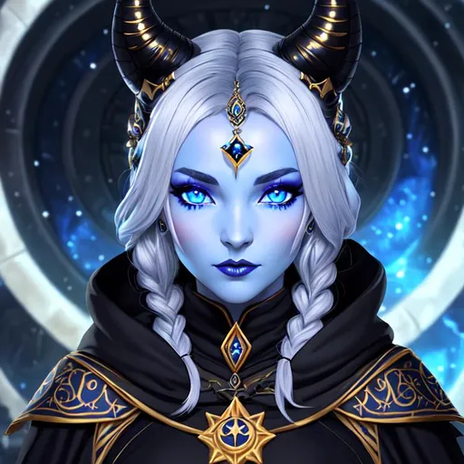 Prompt: half body portrait, female , tiefling, blue skin, (( blue skin:0.6)), detailed face, detailed golden eyes, full eyelashes, alien eyes with stars, ultra detailed accessories, detailed interior, tavern background, black cloak, black hood, black witch robes with white undershirt and stars, black curly hair, short hair with side braid, bangs, dnd, artwork, dark fantasy, tavern interior, looking outside from a window, inspired by D&D, concept art, night time, ((looking away from viewer:0.3))