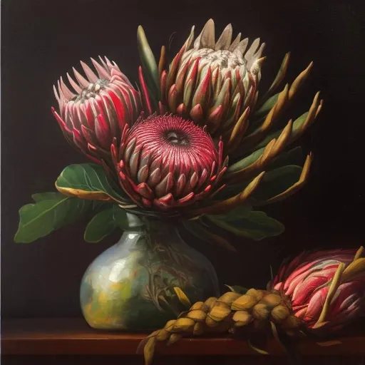 Prompt: A moody still life with a protea in a vase done in the style of a loose oil painting 