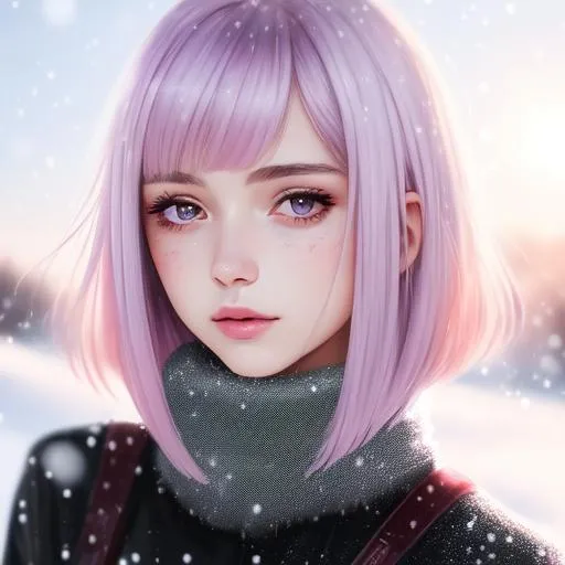 Prompt: 18 years old cute and beautiful girl, hi res, photography, realistic, high details, facial details, messy stray hair bob fringe pink and silver, slim body, f-cup size, kneeling down in snowry winter, hyperdetail, 4k, 8k, sunny day, pastel soild and sharp colour