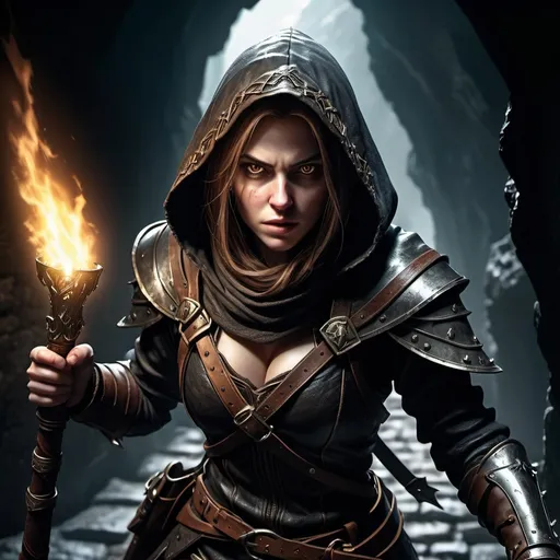 Prompt: Warhammer fantasy RPG style thief woman in hood, detailed facial features,  dark cave setting, dark and gritty atmosphere, dark night, intricate leather armor, mysterious expression, intense eyes, holding dim torch casting dramatic shadows, high quality, realistic, dark fantasy, medieval, detailed eyes, intricate design, dramatic lighting, running pose