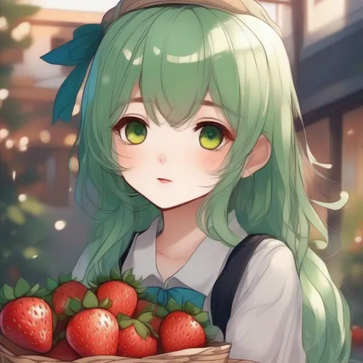 Prompt:   anime girl manhwa style cute and pretty, with eye pretty detailed, Strawberries bread , with green hair, 