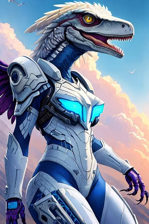 Prompt: Poster art, high-quality high-detail highly-detailed breathtaking hero ((by Aleksi Briclot and Stanley Artgerm Lau)) - ((a velociraptor raptor)), female,  cute, full form detailed raptor mech suit, 8k ivory and baby blue helmet, highly detailed raptor head helmet, add some magenta, glowing chest emblem ,carbon fibre helmet, raptor mech armor, raptor dinosaur, detailed scales, detailed ivory mech suit, full body, black futuristic mech armor, wearing mech armour suit, 8k,  full form, detailed forest wilderness setting, full form, epic, 8k HD, ice, sharp focus, ultra realistic clarity. Hyper realistic, Detailed face, portrait, realistic, close to perfection, more black in the armour, 
wearing blue and black cape, wearing carbon black cloak with yellow, full body, high quality cell shaded illustration, ((full body)), dynamic pose, perfect anatomy, centered, freedom, soul, Black short hair, approach to perfection, cell shading, 8k , cinematic dramatic atmosphere, watercolor painting, global illumination, detailed and intricate environment, artstation, concept art, fluid and sharp focus, volumetric lighting, cinematic lighting, 
