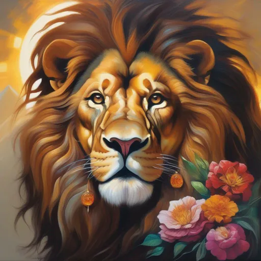 Prompt: (masterpiece, oil painting, Dungeons & Dragons, best quality), beautiful artistic render of a majestic & noble Lion, deity [sun god], peacefully smiling, staring out into the distance, gemstone embedded into its forehead,  flowers woven into its mane, 
