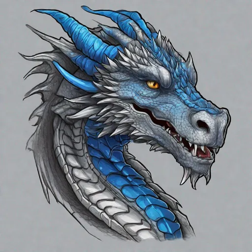 Prompt: Concept design of a dragon. Dragon head portrait. Coloring in the dragon is predominantly dark gray with bright blue streaks and details present.
